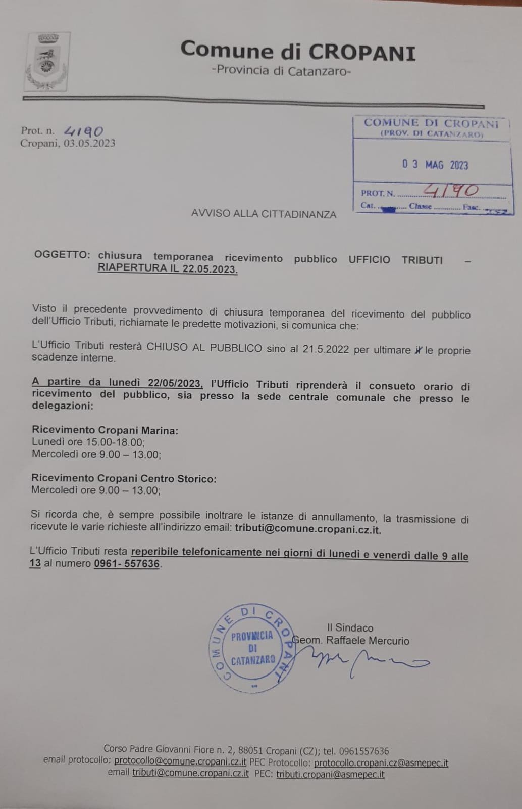 Chiusura temporanea ricevimento pubblico UFFICIO TRIBUTI - RIAPERTURA 22.05.2023